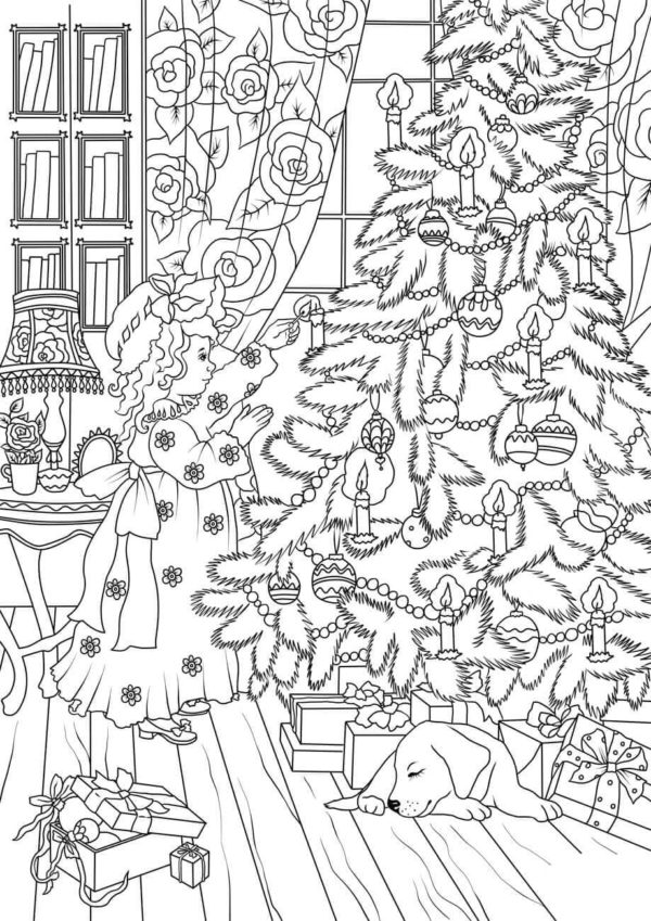 Udekorowana choinka w przytulnym pokoju na Boże Narodzenie kolorowanka do druku